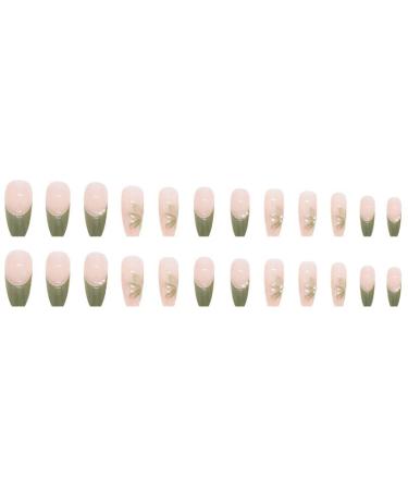 24 Pcs Flower Press on Nails: Long French Fake Nails with Exquisite Camellia Flowers & White Pearls Designs - Nude Green Glue on Nails for Women Manicure - Buy Online on GoSupps.com
