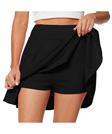 Afibi Women's Casual Basic Versatile Flared Pleated Mini Skater Skirt with Shorts X-Large Black