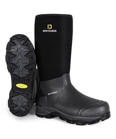 DRYCODE Rubber Boots for Men, 5.5mm Neoprene Insulated Waterproof Anti Slip Rain Boots, Durable Outdoor Hunting Boots Size 6-14 10 Women/9 Men Black