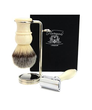 3 Piece Shaving set DE Safety Razor Syntactic Hair Brush in Ivory Colour & stand (NO BLADES INCLUDED)