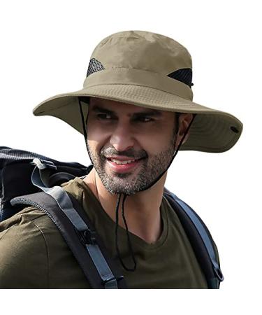 Men's Sun Hat Outdoor UPF50+ Mesh Wide Brim Bucket Safari Cap Foldable Waterproof Boonie Fishing Hats Khaki