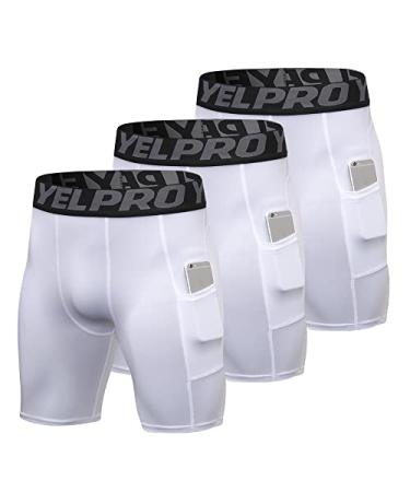 EARGFM Athletic Compression Shorts for Men Running Workout Underwear Spandex Shorts with Pockets Cool Dry Baselayer 3 Pack White Small