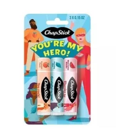 (1) 3 pc net wt 0.45 oz Chapstick You're My Hero Lip Balm. Powerful Peach Amazing Mint and Watermelon Wonder Flavors