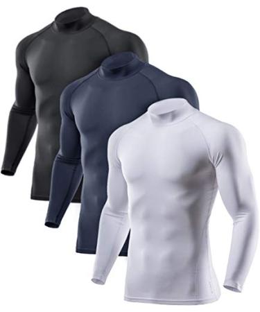 ATHLIO 2 or 3 Pack Men's Thermal Long Sleeve Compression Shirts Turtle/Mock Winter Sports Base Layer Active Running Shirt Active Shirts 3pack Black/ Charcoal/ White Large