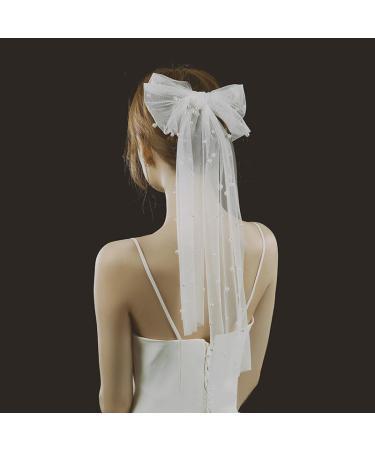 60CM Bridal Bow Veil Hair Clip Wedding Large Bowknot Lace Hair Barrettes with Pearl French Vintage White Veil Hair Accessories for Women Girl - Buy Online on GoSupps.com