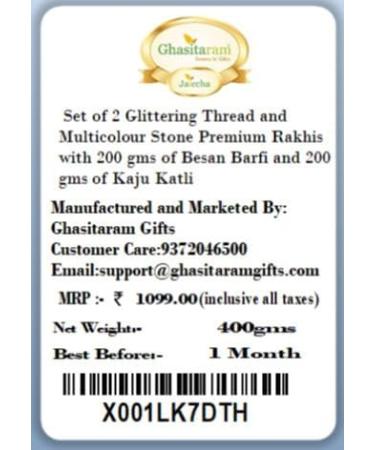 Ghasitaram Gifts Rakhi for Brother Rakhis Online - Set of 2 Glittering Thread and Multicolour Stone Premium Rakhis with 200 GMS of Besan Barfi and 200 GMS of Kaju Katli - Buy Online on GoSupps.com