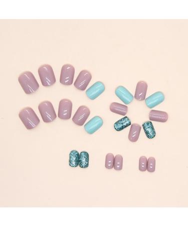 Mouyouglow Short Square Dark Nude Glitter Press On Nails | Full Cover Acrylic Fingernails with Nail Glue | Angular Natural Pink Blue Bling Design - Buy Online on GoSupps.com