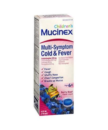 Cough Cold and Fever Mucinex Children's Multi-Symptom Cold and Fever Liquid Berry Blast 4oz Reduces Fever Controls Cough Relieves Stuffy Nose and Chest Congestion