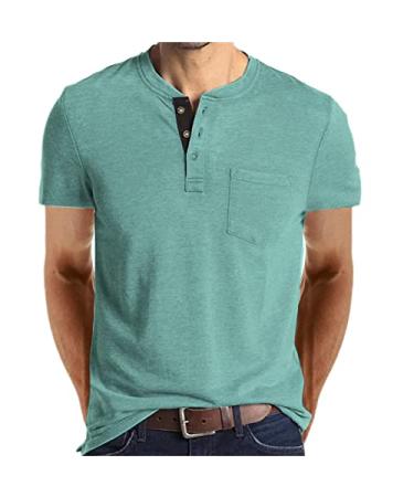 Lexiart Mens Fashion Henley Shirts Long Sleeve Button Cotton T-Shirt with Pocket Large Blue-2