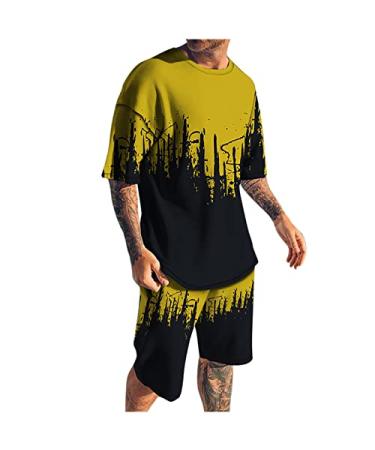 NaRHbrg 2 PC Outfits for Men Tracksuit Short Sleeve 3D Digital Print T-Shirts and Shorts Jogging Set Athletic Suit Sportswear Gold Large