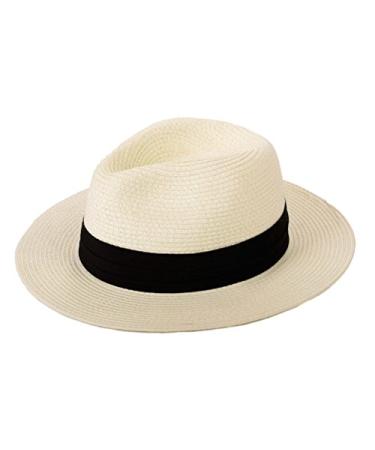 Panama Straw Hats for Women Summer Beach Sun Hat Wide Brim Fedora Cap UPF50+ Beige