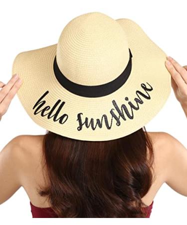 Floppy Beach Sun Hat for Women - Vacation, Honeymoon Embroidered Straw Hat - Big, Foldable, Large Brim Hello Sunshine