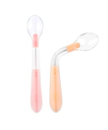 Vicloon Self-Feeding Weaning Spoons 2pcs Silicone Baby Spoons Easy to Grip Silicone Utensils Baby Cutlery BPA Free Baby Feeding and weaning Spoon Reusable Kids Spoons for Toddlers Children Pink-orange