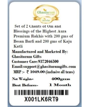 Ghasitaram Gifts Rakhi for Brother Rakhis Online - Set of 2 Chants of Om and Blessings of The Highest Aura Premium Rakhis with 200 GMS of Besan Barfi and 200 GMS of Kaju Katli - Buy Online on GoSupps.com