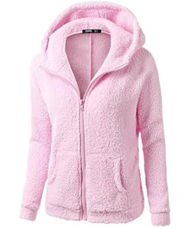 Bigfanshu Womens Fleece Teddy Hoodies Zipper Solid Pocket Hooded Coat Winter Warm Cotton Outwear Casual Sweatshirt Pink - Buy Online on GoSupps.com