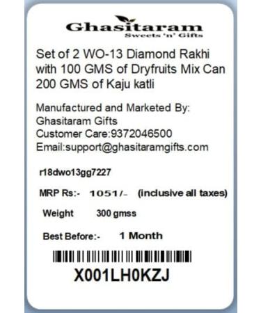 Ghasitaram Gifts Rakhi for Brother Rakhis Online - Set of 2 WO-13 Diamond Rakhi with 100 GMS of Dryfruits Mix Can 200 GMS of Kaju katli 2 Rakhi & 100g Dryfruits Mix Can 200g Kaju katli - Buy Online on GoSupps.com