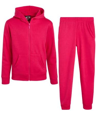 Real Love Girls' Jogger Set - 2 Piece Basic Fleece Solid Full Zip Hoodie and Sweatpants (Size: 7-16) Hot Pink 10-12