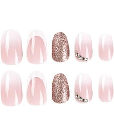 24pcs Short Oval Rose Gold Glitter French Tip False Nails with Rhinestones | Press on Nails | Full Cover Acrylic Fake Nails - Nail Art Accessories - Buy Online on GoSupps.com