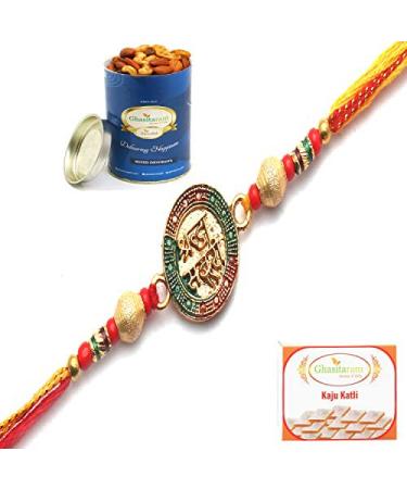 Ghasitaram Gifts Rakhi for Brother Rakhis Online - Shraddha & Saburi for My Brother Rakhi with 100 GMS of Dryfruits Mix Can 200 GMS of Kaju katli Rakhi & 100g Dryfruits Mix Can 200g Kaju katli