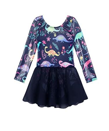 EQSJIU Long Sleeve Skirted Leotards for Girls Gymnastics Dance Dress Unicorn Mermaid Rainbow Skirts Skorts 2-3T Blue Dinosaur