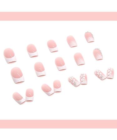 24Pcs French False Nails White Tip - Medium Square Fake Nails French Tip Press on Nails Pink Full Cover False Nails with Rhinestones & Flowers Designs for Women Girls (Flower Design) - Buy Online on GoSupps.com