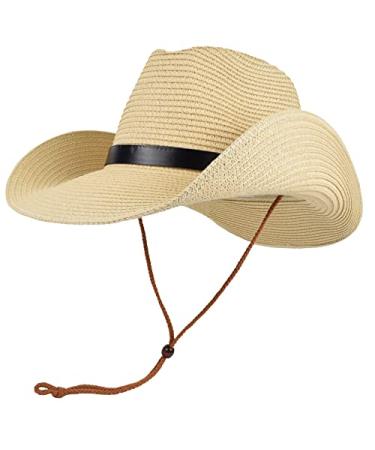EINSKEY Unisex Straw Cowboy Hat Cowgirl Hat, Shapeable Floppy Sun Hat Wide Birm Fedora Panama Hat for Men & Women Beige