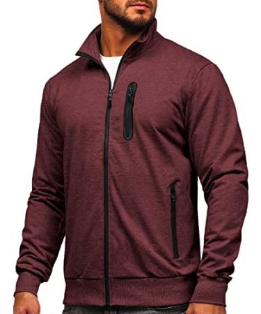 Men's Full Zip Up Active Track Jacket Mock Neck Long Sleeve Casual Sweatshirts Medium Wine Red