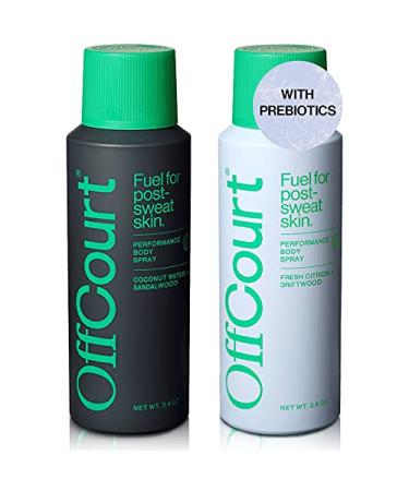 OffCourt Natural Body Spray for Men and Women - Prebiotic Deodorizing Mens Body Spray - Aluminum-Free Spray Deodorant for Full Body - Multi-Scent Pack with Citrus and Sandalwood, 3.4 Ounce (Pack of 2) Citron + Driftwood an…