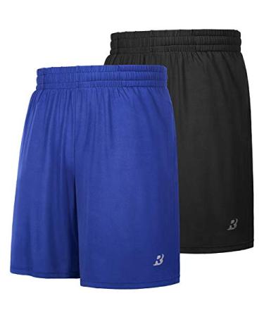 Roadbox Workout Shorts Men Athletic Gym Running Basketball Shorts for Men 7 inch with Pocket for Fitness Sports 2pack Black+sea Blue Large