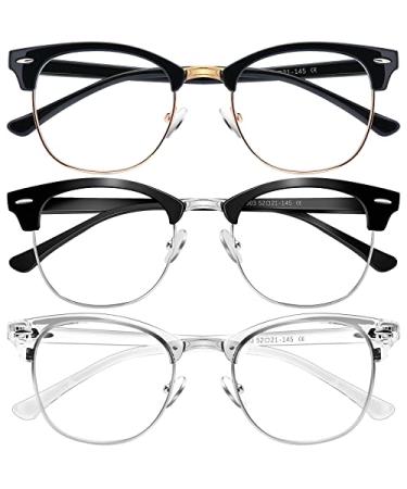 BOSSWIN Blue Light Blocking Glasses for Women/Men 3 Pack Fashion Round Half Frame,Computer Game Reading TV Glasses A1-bright Black Gold + Sand Black Silver + Transparent Silver Edge