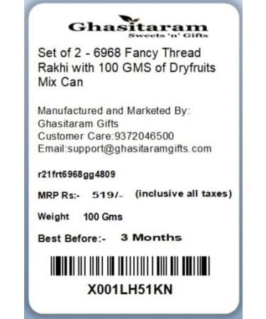 Ghasitaram Gifts Rakhi for Brother Rakhis Online - Set of 2-6968 Fancy Thread Rakhi with 100 GMS of Dryfruits Mix Can 2 Rakhi with 100 gms of Dryfruits Mix Can - Buy Online on GoSupps.com