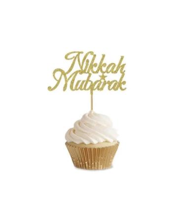 12 Nikkah Mubarak Cup Cake Toppers Gold Silver Glitter Nikkah Cake Toppers Charms Nikkah Cake Decorations. (12 Gold Toppers)