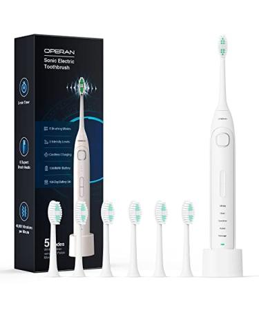Operan Electric Toothbrush for Adults and Kids High Power Sonic Rechargeable Toothbrush with Smart Timer 5 Modes 6 Brush Heads 40,000 VPM Motor 6 Hours Fast Charge for 100 Days (White)