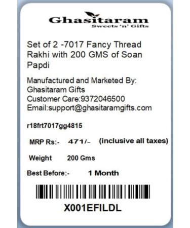 Ghasitaram Gifts Rakhi for Brother Rakhis Online-Set of 2-7017 Fancy Thread Rakhi with 200 GMS of Soan Papdi - Buy Online on GoSupps.com