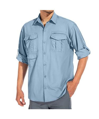 Men's Sun Protection Hiking Fishing Safari Shirt Long Sleeve Outdoor Cool Quick Dry Cargo Shirts Blue X-Large