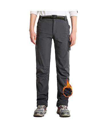 JOMLUN Boy's Fleece Lined Hiking Pants Waterproof Windproof Warm Soft Shell Outdoor Cargo Pants Snow Ski Walking Trousers Gray Large