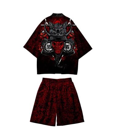 DOSLAVIDA Men's Japanese Kimono Jacket Set Stylish Open Front Coat With Shorts Chinese Style Printed Cardigan Suits Shorts-black 8 3X-Large