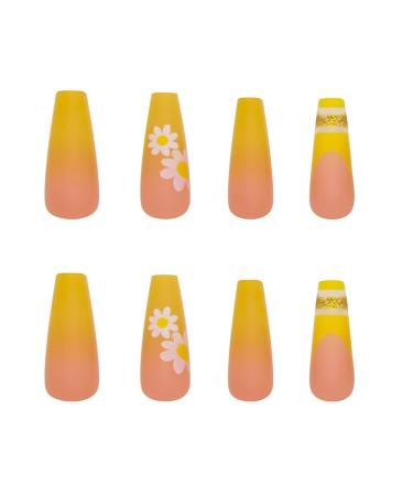 RikView Luxury French Yellow Coffin Press on Nails - Long Matte Acrylic Fake Nails with Gold Powder Design for Women - Yellow & Flower Design - Buy Online on GoSupps.com