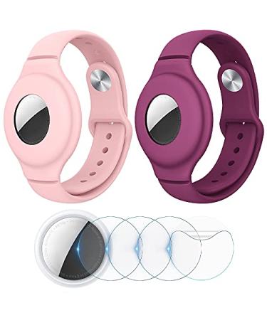 VEGO 2+4Pack AirTag Bracelet for Kids 2 Pack Silicone Watch Bands + 4 Pack Anti-Scratch Films for Kids Children Upgraded Metal Studs Anti-dropping Wristband Compatible with AirTag WINE RED+PINK