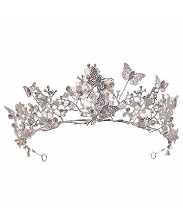 Crown Bridal Crown Baroque Pearl Rhinestone Crown and Tiara Butterfly Hairband Wedding Hair Accessories Princess Crown Bride Tiaras (Metal Color : Silver)