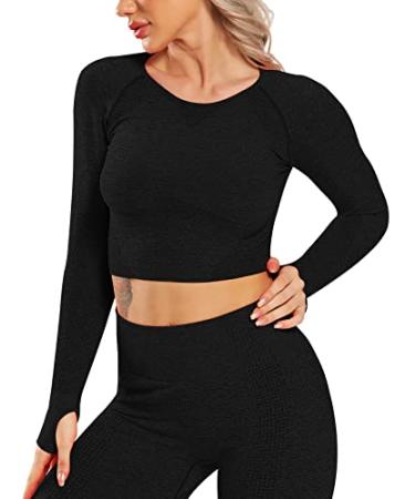 STARBILD Women Seamless Long Sleeve Yoga Crop Top Thumb Hole Compression Workout Activewear Shirts #1 Black Large