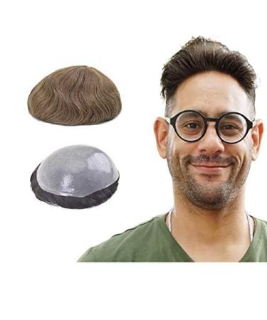Lordhair Toupee for Men with 100% Human Hair 0.08mm Natural Skin Hair Pieces Replacement for Men Base Size 8x10 inch Mens Toupee V-looped Hair System (Light Brown 7#(ASH))