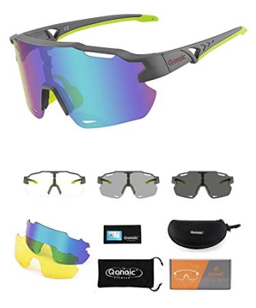 Qonoic Photochromic Cycling Glasses Sunglasses for Men Women, MTB Mountain Biking Sports Glasses, Polarized UV Protection Master Grey/Green