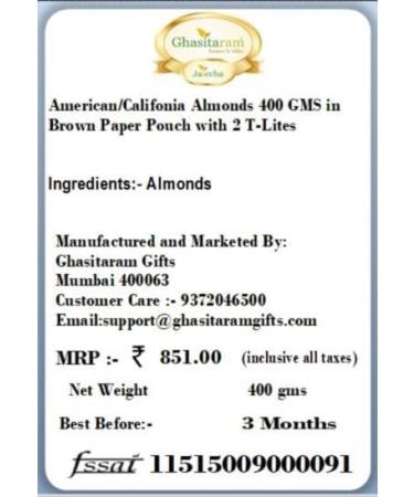 Jaiccha Ghasitaram Diwali Gifts Dryfruit - American/ Califonia Almonds 400 GMS in Brown Paper Pouch with 2 T-Lites - Buy Online on GoSupps.com