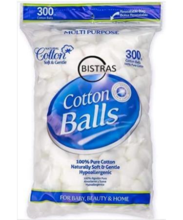Bistras Cotton Balls, 100% Pure Cotton for Applying Oil Lotion or Powder, Nail Polish and Make-Up Removal, Perfect for Multi-Purpose Use, Soft and Absorbent (300 Count)