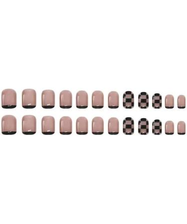 French Tip Press on Nails - Short Square Press On Nails with Nail Tips Checkerboard French Black Edge Design Naked color press on nails Acrylic False Nails Cute Artificial Nails - Buy Online on GoSupps.com