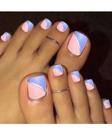 Square Glossy Acrylic Fake Toe Nails 24pc Set for Women & Girls - Blue & Pink - Buy Online on GoSupps.com