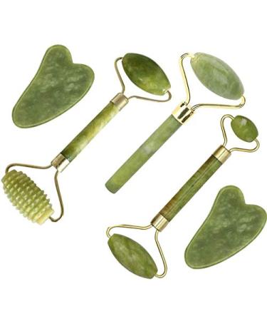 Jade Roller for Face facial roller Jade Roller Face Massager Facial Skin Care Tool Reduces Wrinkles and Tightens Skin Natural Real Jade Stone for Face Eye Neck Body (5 in 1)