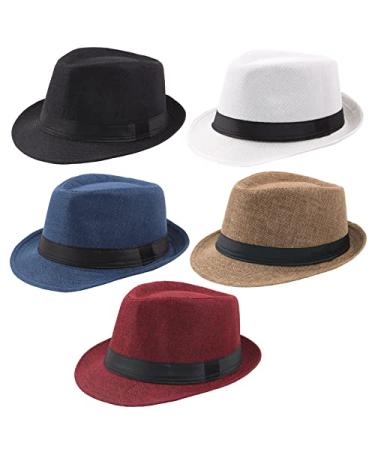 Ultrafun 5 Pack Short Brim Fedora Classic Summer Beach Sun Hat Panama Cap for Men Women 5pack-black+white+khaki+blue+wine Red Large