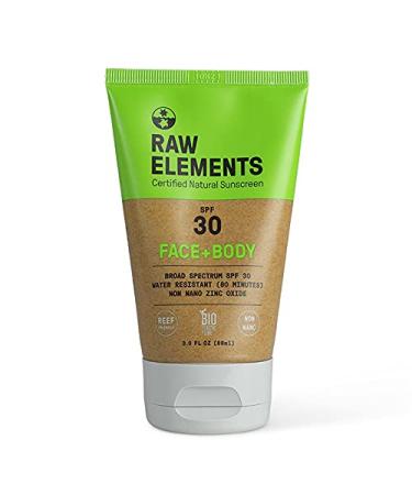 Raw Elements Face and Body All-Natural Mineral Sunscreen - Non-Nano Zinc Oxide  95% Organic  Water Resistant  Reef Safe  Cruelty Free  SPF 30+  All Ages Safe  Moisturizing  Bio-Resin Tube  3oz 3 Fl Oz (Pack of 1) Raw
